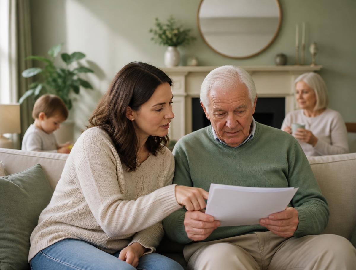 An adult daughter sitting beside her father in a living room, reading a document with him