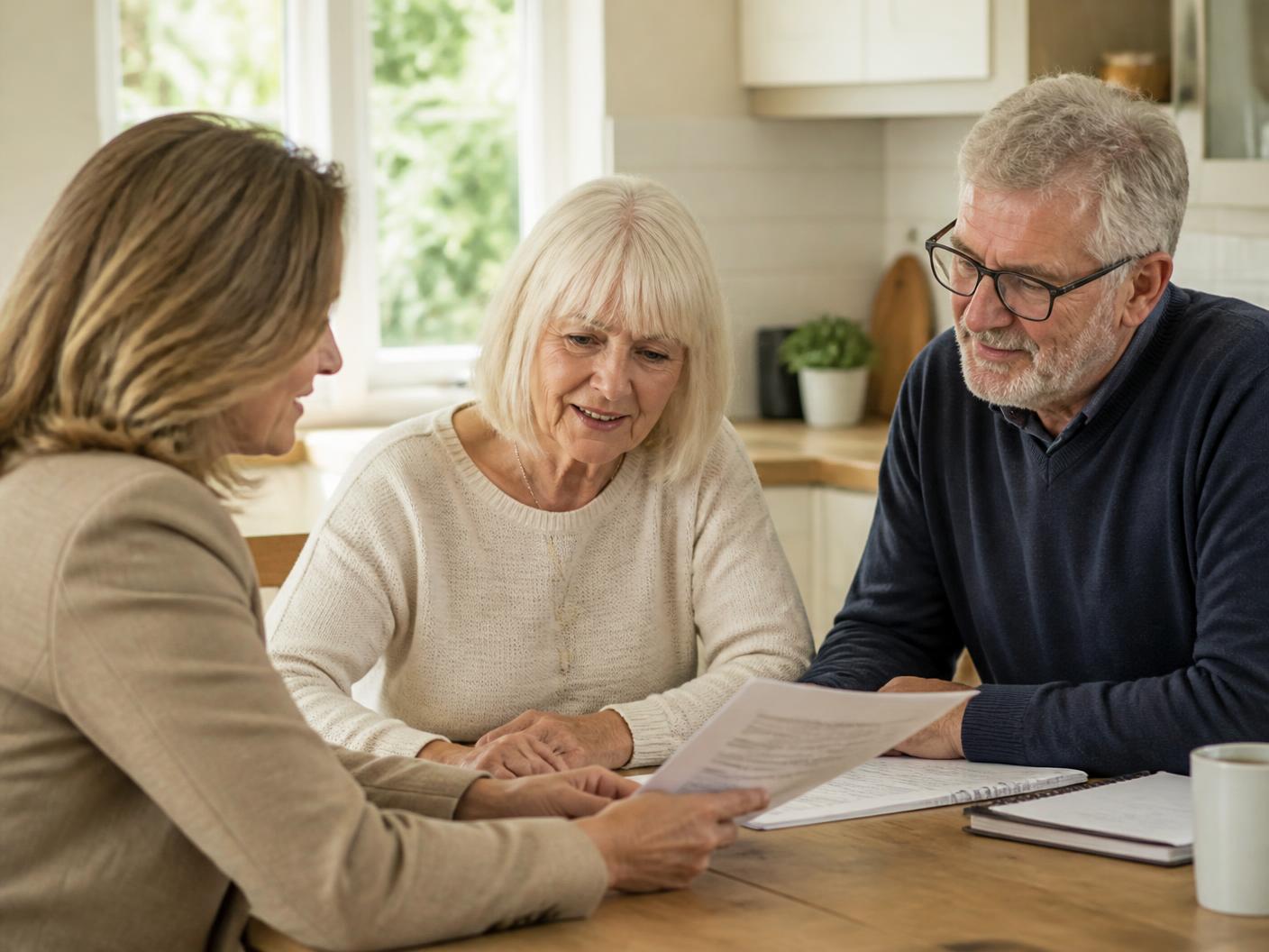 An adviser sitting at a kitchen table with an older couple, talking through paperwork together